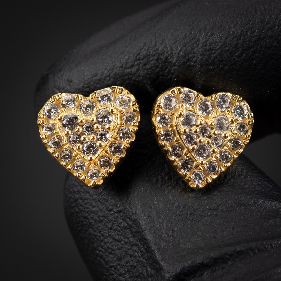 Women’s Heart Honey Comb Set 925 Sterling Silver 14K Yellow Gold Stud Earrings - Picture 1 of 5